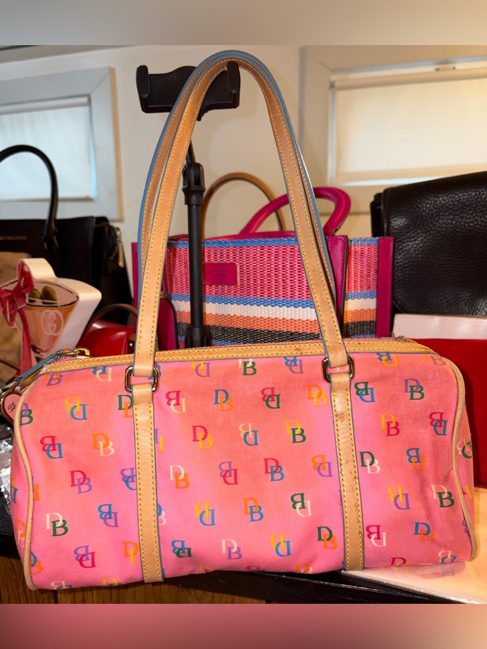 Dooney & Bourke Y2K Vintage Pink Multicolor Logo Barrel Satchel with Tan Trim